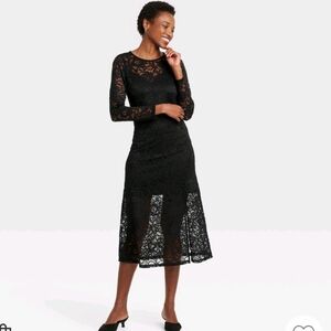 Women's Long Sleeve Midi Lace Dress - A New Day Black Floral S